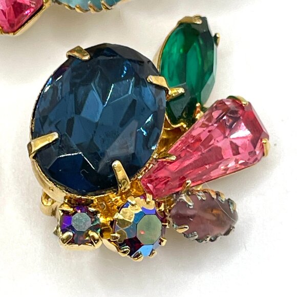 Vintage Unsigned Tutti Frutti Fruit Salad Rhinestone Brooch Clip Earrings Set - Picture 7 of 13